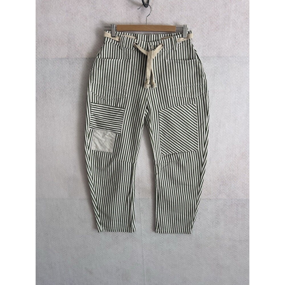 Striped Barrel Leg Jeans Women's Green White Denim Utility Cropped Small - Picture 2 of 14